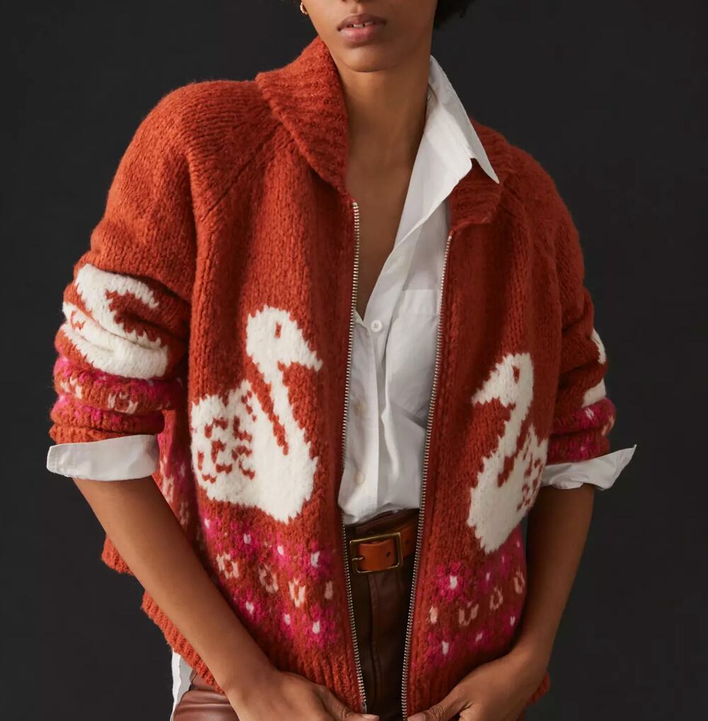 Anthropologie Maeve Zip-Front Swan Burnt Orange Cardigan Sweater